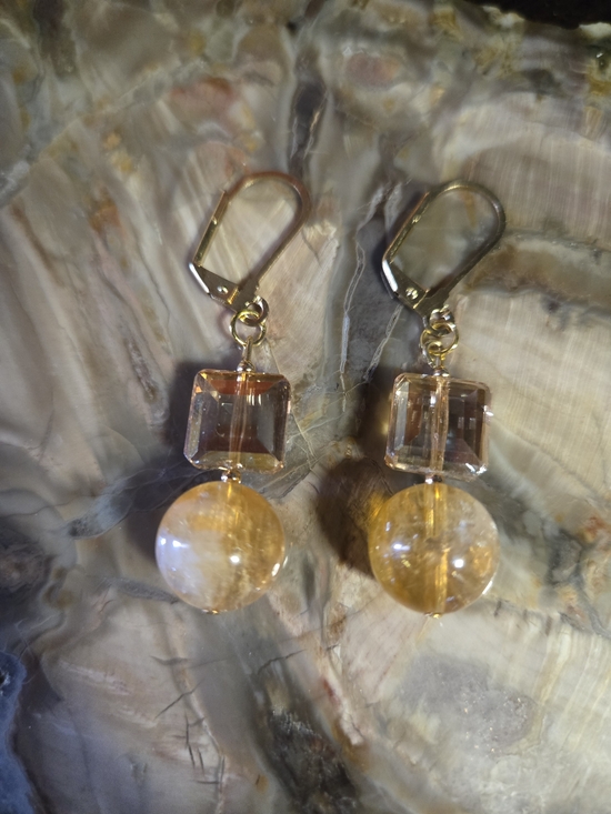 Artisan Jewelry - Citrine And Champagne Crystal Earrings